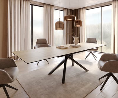 Eetkamertafel Edge keramiek Laminam® Sabbia eiken kleur 200-300x100 kruisframe rechthoek zwart uitschuifbaar