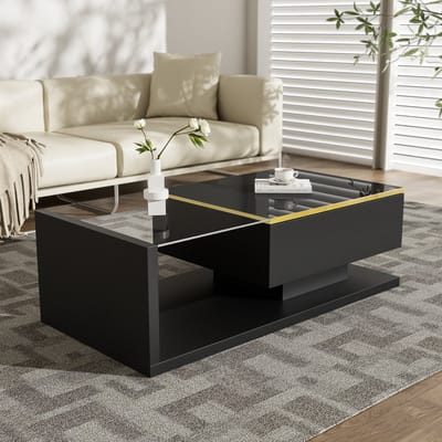 MODENUIT Salontafel - Met Glazen Blad En Ledverlichting - Voor Woonkamer - Spaanplaat Zwart - 100x50x32,5 cm