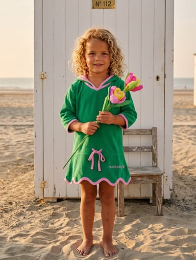 Ducksday - Badponcho - Badjurk - zomerjurk - badstof - 98/104 - meisje - groen/roze - gevoerd