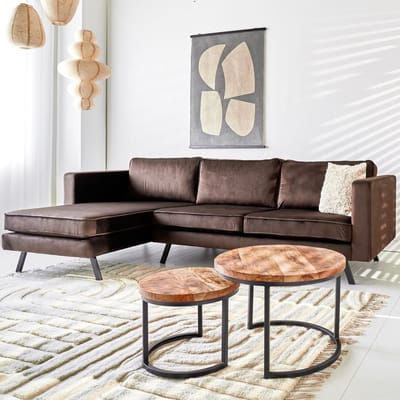 Dimehouse 3-zits hoekbank Gino velvet bruin links - Stof - Industrieel - 270 x 150 x 85 cm