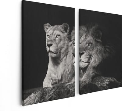 Artaza Canvas Schilderij Tweeluik Leeuw En Leeuwin - Zwart Wit - 80x60 - Foto Op Canvas - Canvas Print