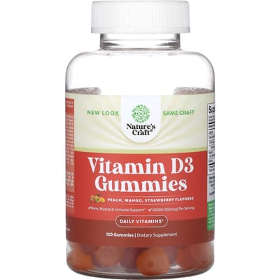 Nature's Craft, Vitamine D3 gummies, perzik, mango, aardbei, 2.000 IE (50 mcg), 120 gummies (1.000IE (25mcg) per gummy)