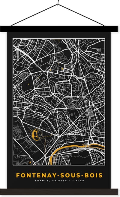 Posterhanger incl. Poster 40x60 cm - Schoolplaat - Frankrijk – Fontenay-sous-Bois – Stadskaart – Plattegrond – Kaart - Textielposter - Zwarte latten - Stadskaart