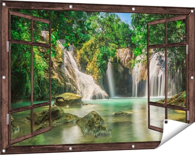 Gards Tuinposter Doorkijk Tropische Waterval - 120x80 cm - Tuindoek - Tuindecoratie - Wanddecoratie buiten - Tuinschilderij