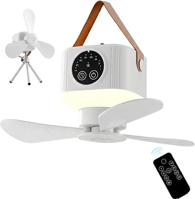 Draagbare Plafondventilator - Campingventilator Met Licht - Oplaadbare Batterij En Afstandsbediening - 360 Graden Verstelbaar - 7200 Mah Capaciteit - Inclusief Standaard En Tas - Voor Tent Camper En Buiten