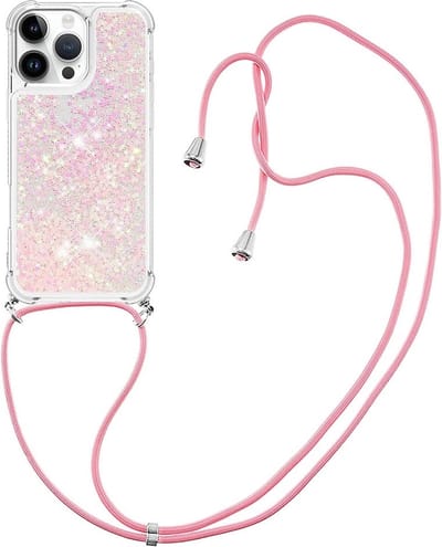 Coverup Hoesje - Geschikt voor iPhone 16 Pro Max Hoesje - Coverup Liquid Glitter Back Cover met Koord - Roze