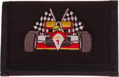 Klittenbandportemonnee Zwart 12x9cm - Applicatie Rode Raceauto met vlaggen 7,5x5,5cm