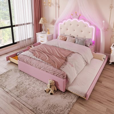 DESMIU Gestoffeerd Bed 140 x 200 cm - Prinsessenbed Met Uitschuifbed En 2 Lades - Kinderkamer - Kunstleer - Roze - Zonder Matras