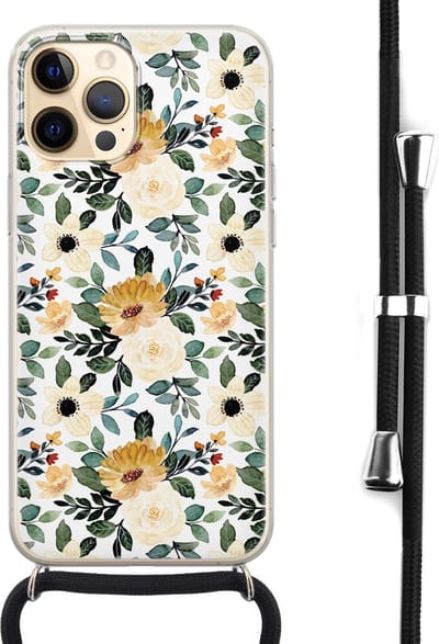 Hoesje met koord - Geschikt voor iPhone 12 - Lovely flowers - Verstelbaar zwart koord - Transparant, Geel - Bloemen - Leuke Telefoonhoesjes