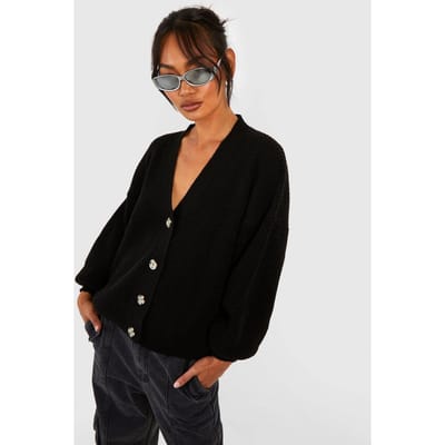 boohoo Dames Ballonmouw Knop-door Rib Cardigan | Zwart | Maat: Medium