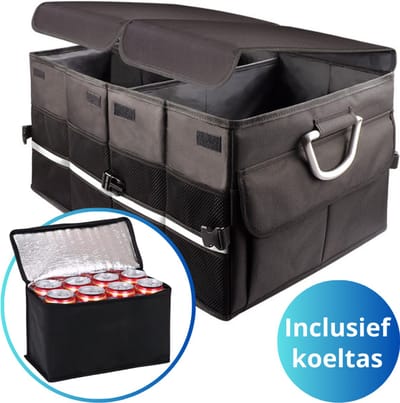 Janse® Kofferbak organizer XL met koeltas - Stevige auto organizer en 2 losse deksels - Kofferbak opbergbox met stevige koeltas - Opvouwbaar - Multifunctioneel - Klittenband - Boodschappentas - Organizer - Zwart