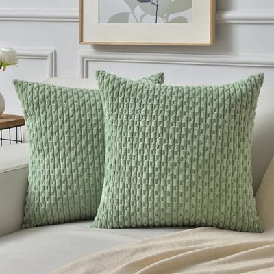 Famanu - Corduroy kussenhoezen 40x40 cm saliegroen set 2, modern decoratief voor woonkamer, zachte bankkussenhoezen