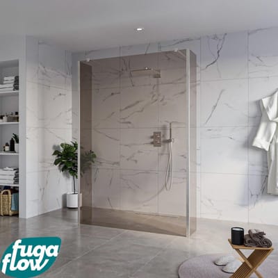 FugaFlow Eccelente Vetro Vrijstaande inloopdouche badkamer - 140x200cm - Rookglas - antikalk - 8mm veiligheidsglas - 2 zijwanden 30cm - met wandarmen en hoekprofielen - RVS geborsteld -