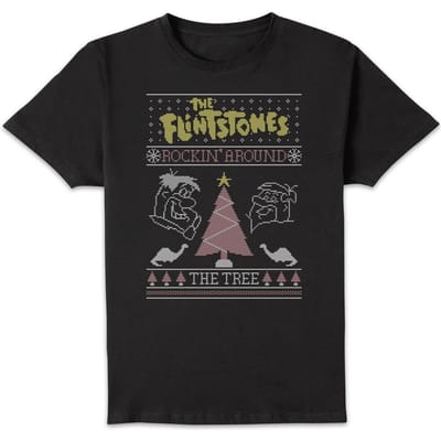 Flintstones Rockin Around The Tree Men's Christmas T-Shirt - Black - L