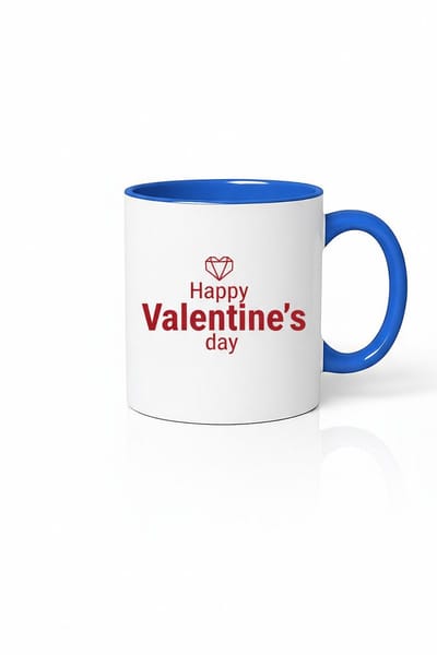 Valentijn Mok 'Happy Valentine's Day' met Rood Hart | Blauw Handvat & Binnenkant | Keramische Cadeaumok