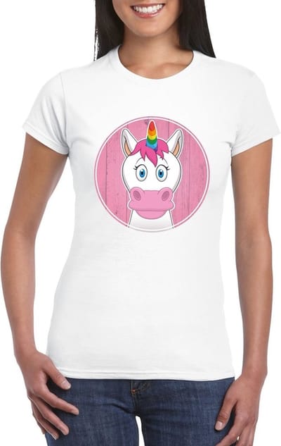 Dames t-shirt wit met vrolijke eenhoorn print - eenhoorns shirt S