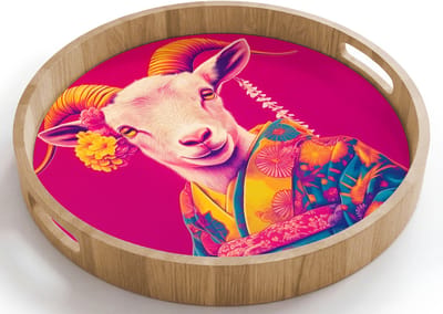 Dienblad rond 40x40 cm - Schootdienblad hout - Geit - Hoorns - Kimono - Kleurrijk - Borrelplank rechthoek - Plateau houten dienbladen