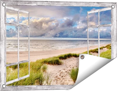 Gards Tuinposter Doorkijk Strand en Duinen met Bewolking - 60x40 cm - Tuindoek - Tuindecoratie - Wanddecoratie buiten - Tuinschilderij