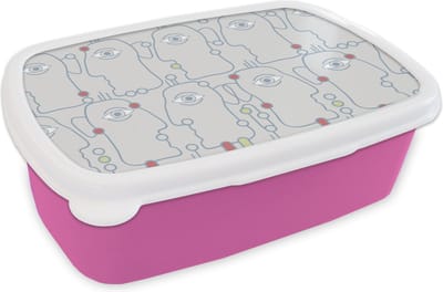 Broodtrommel Roze - Lunchbox - Brooddoos - Line Art - Gezicht - Patroon - 18x12x6 cm - Kinderen - Meisje