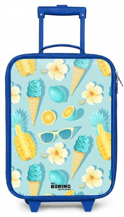 NoBoringSuitcases.com® - Kinderkoffer blauw - Kindertrolley jongen - Ibiza icecream - Koffer kind lichtgewicht - Reiskoffer trolley voor kinderen - Koffertje met lichtgevende wieltjes - Rolkoffer