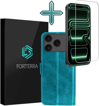 Hoesje Met Screenprotector - Geschikt voor Apple iPhone 17 Pro - Luxe Pasjeshouder - Flipcase - Bookcase Portemonee - Flip Case - Kunstleer Book Case - Book Cover - Walletcase - Portemonneehoes - Turquoise