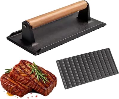Gietijzeren Vleespers - Burger Pers - Gelijkmatig Garen - Houten Handvat - 16 x 8 x 8 cm - Zwart