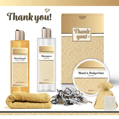 Geschenkset “Thank You!” - 5 producten - 720 gram - Triomf Cosmetica | Giftset voor haar Luxe cadeaubox collega Wellness Giftset Bedankt geschenk Cadeau Vrouw Thanks Moeder Oma Vriendin Zus Juf Oppas Oppasmoeder Verzorgster Kerst Kerstpakket