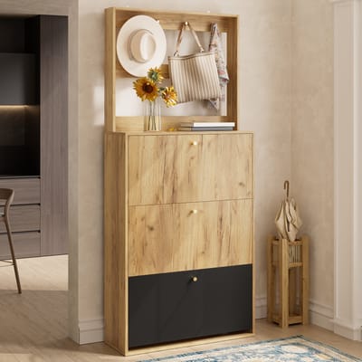 MODFU - Schoenenkast - 3 Klepvakken En Haken - Franse Stijl - Voor Hal - Spaanplaat - Zwart En Naturel - 75 X 180 X 24 Cm