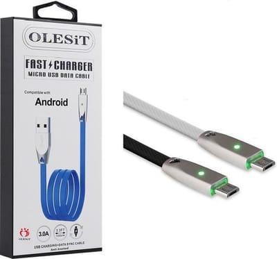 OLESiT Noodle TPE Micro-USB Kabel – 3A Snellaadkabel met LED – Nylon Oplaadkabel en Datakabel - Zwart