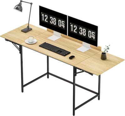 1 stuk - opvouwbare computertafel - met twee uittrekbare bureaubladen - ruime ruimte - metalen tafelbeen - stevige constructie - eiken + zwart
