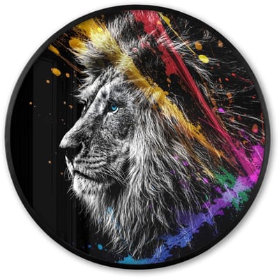 Poster in lijst Rond - Fotolijst 60x60 cm - Posters - Leeuw - Graffiti - Zwart - Neon - Dieren - Ronde posterlijst zwart - Decoratie - Wanddecoratie woonkamer - Muurdecoratie slaapkamer