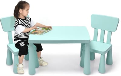 Kindertafel met 2 Stoelen Kunststof Set met Rugleuning Speeltafel Blauw Roze