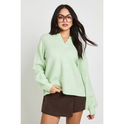 boohoo Dames Super Zachte V-Hals Gebreide Trui met Kraag | Sage | Maat: Small