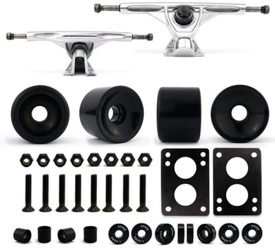 Longboard Onderdelen Set - Skateboard Accessoires - Cruisen en Freeriden - Reverse Kingpin Trucks - 70mm Wielen - Zilver en Zwart
