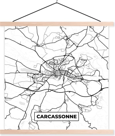 Posterhanger incl. Poster 40x40 cm - Schoolplaat - Frankrijk - Kaart - Plattegrond - Carcassonne - Stadskaart - Zwart wit - Textielposter - Blanke latten - Stadskaart