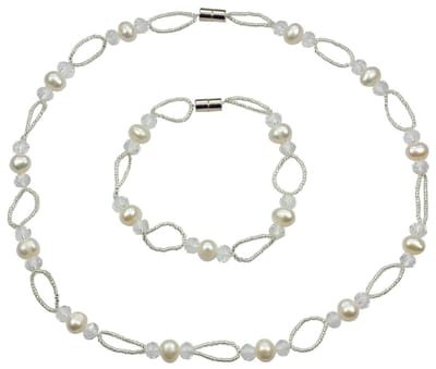 Zoetwater parel set Wicio - echte parels - parelketting + parel armband - wit - zilver - magneetslot - luxe sieraden zakje - parelketting dames - parel armband dames