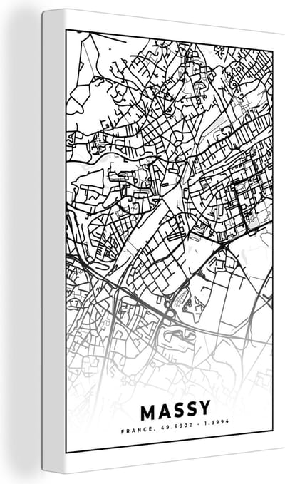 Canvas Schilderij Kaart - Stadskaart - Massy - Frankrijk - Plattegrond - Zwart wit - 20x30 cm - Wanddecoratie