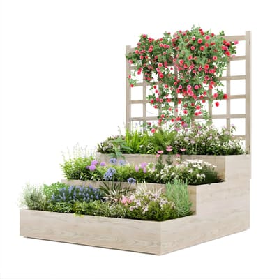 Houten tuinbed - Voor buiten, tuin - 3-laags, latwerk, open basis, geschikt voor klimplanten, groenten en kruiden - Hout