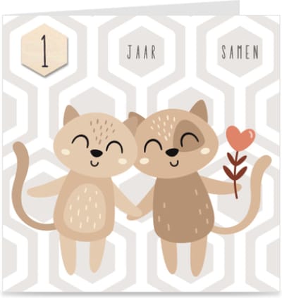 1 JAAR SAMEN | kaart / wenskaart met envelop | KATTEN | voor relatie / partners / koppel