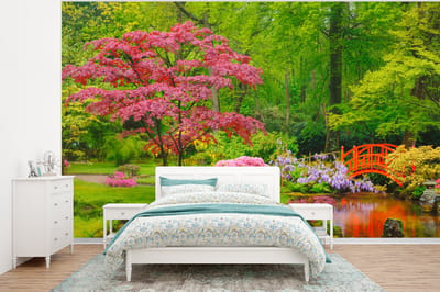 Behang - Fotobehang Brug - Japans - Botanisch - Bomen - Bloemen - Breedte 400 cm x hoogte 300 cm