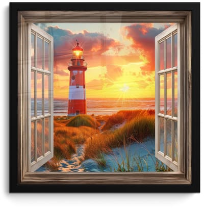 Poster in lijst - Fotolijst 40x40 cm - Posters - Doorkijk - Raam - Vuurtoren - Zonsondergang - Strand - Posterlijst zwart - Decoratie - Wanddecoratie woonkamer - Muurdecoratie slaapkamer