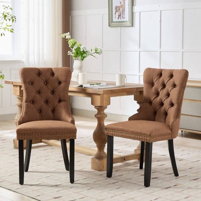 Clruro Eetkamerstoelen - Set van 2 - Gecapitonneerd - Met Siernagels - Linnen en Hout - Koffie
