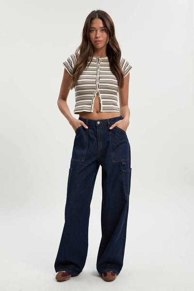 boohoo Dames Hoge Taille Losse Pasvorm Timmerman Wijdbeen Jeans | Rinse | Maat: 44