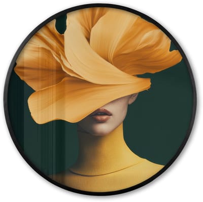 Poster in lijst Rond - Fotolijst 60x60 cm - Posters - Vrouw - Hoed - Geel - Ronde posterlijst zwart - Decoratie - Wanddecoratie woonkamer - Muurdecoratie slaapkamer
