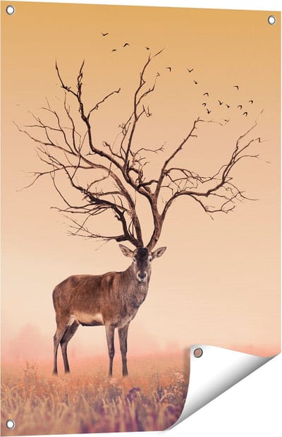 Gards Tuinposter Hert met een Bomen Gewei - 60x80 cm - Tuindoek - Tuindecoratie - Wanddecoratie buiten - Tuinschilderij