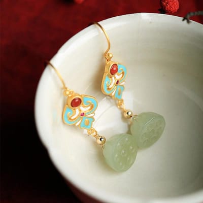 Oude goudambacht Hofstijl natuurlijke Hetian jade lotus emaille oorbellen voor vrouwen exquise vintage oorbel sieraden white