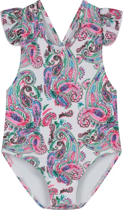 Supercute baby badpak wit paisley met gekruisde bandjes maat 98/104
