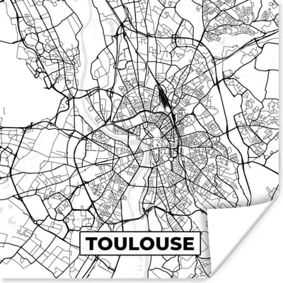 Poster Kaart - Stadskaart - Toulouse - Frankrijk - Plattegrond - Zwart wit - 100x100 cm XXL