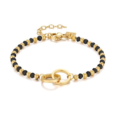 Twice As Nice Armband in goudkleurig edelstaal, 2 cirkels, zwarte kristallen 16cm+3cm