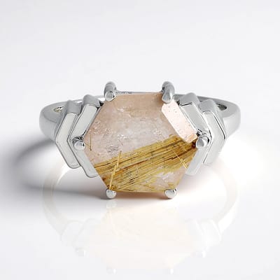 Cavill - Zilveren ring 925 met platina coating - 3,62 ct Zeshoekige Rutielkwarts - Moderne Minimalistische Ring met Gouden Insluitsels